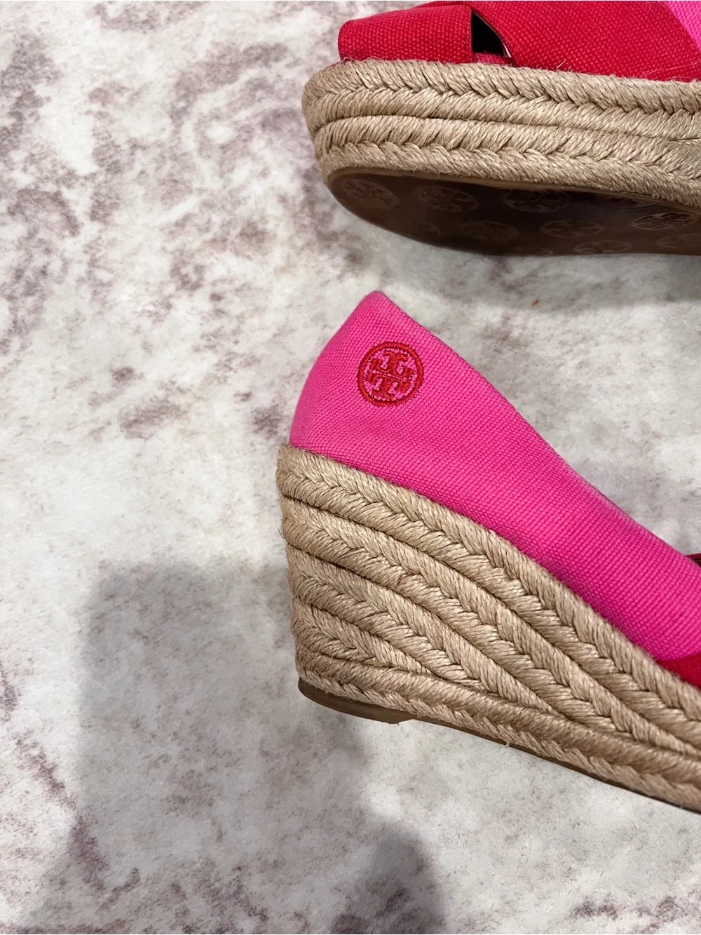 Tory Burch Filipa Pink & Hot Pink Espadrille Wedge Peep-Toe